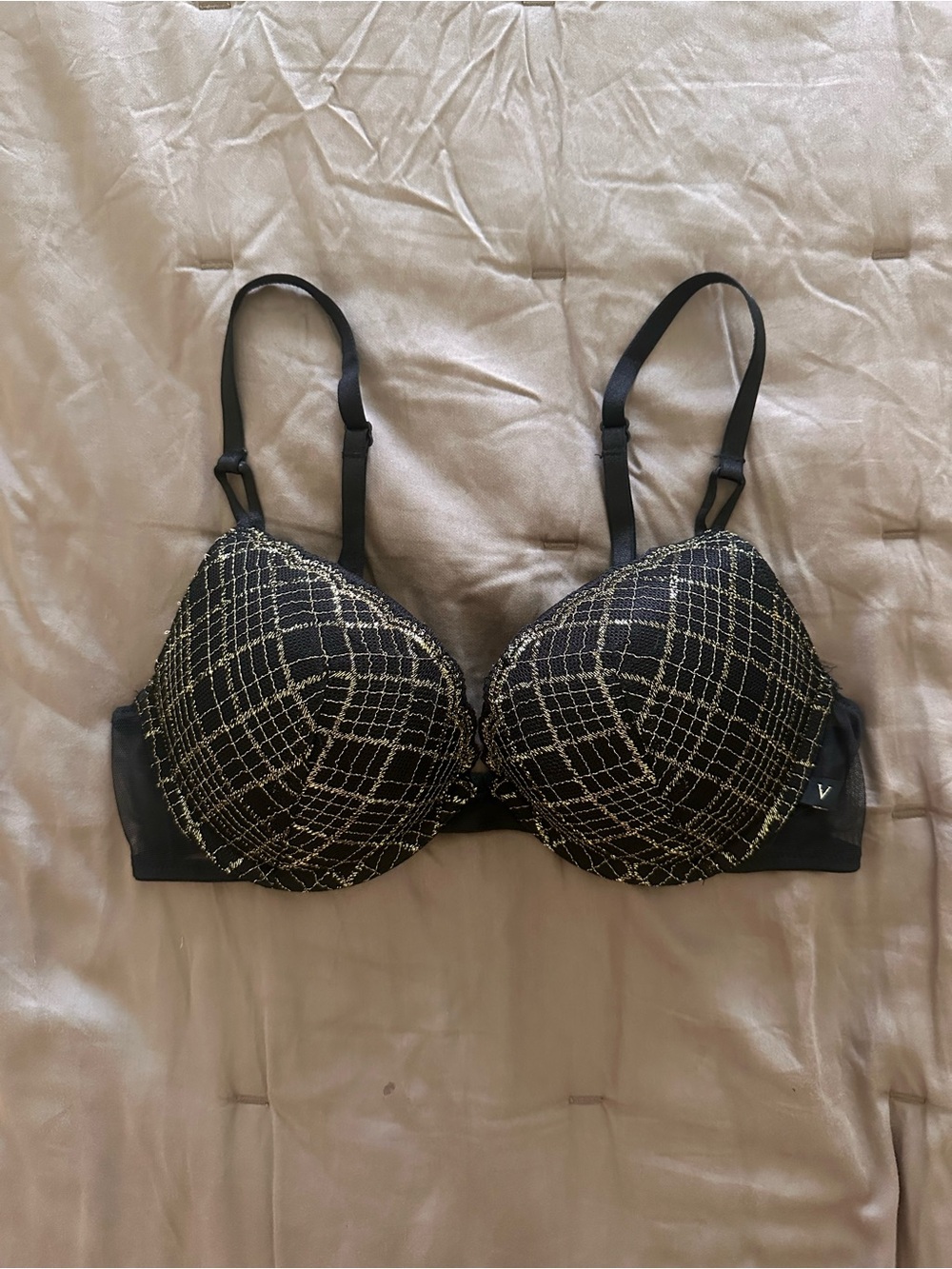 Victoria's Secret Black Bra with Gold Thread Grid